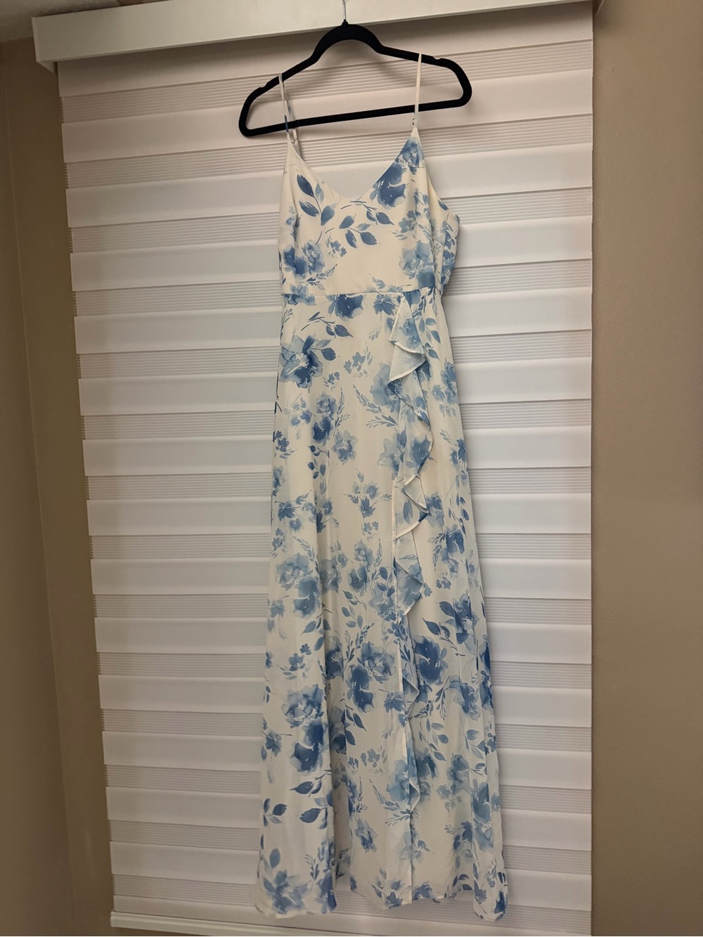 Azazie White Maxi Dress with Light Blue Floral Print